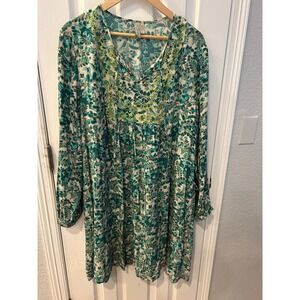 Sahalie Womens XL Teal Green Floral‎ Embroidered Boho Viscose Tunic midi Dress